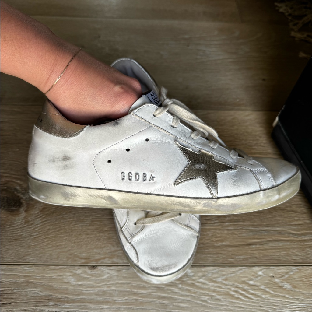 Golden Goose Women's Super-Star With Gold Sparkle Foxing And Metal Stud Letter